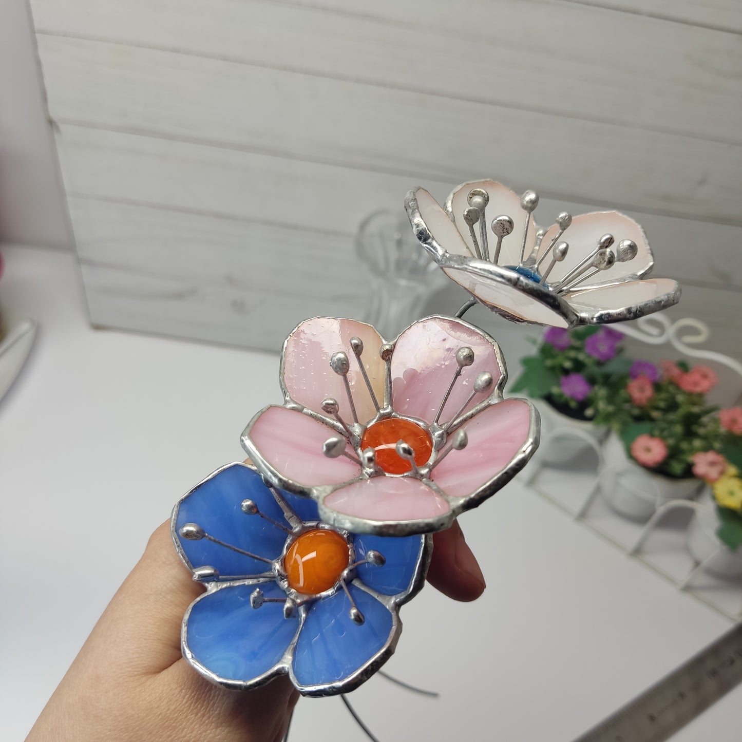 Stained glass flower on the stem, garden stake Tiffany Technique, Wild Flower Bouquet