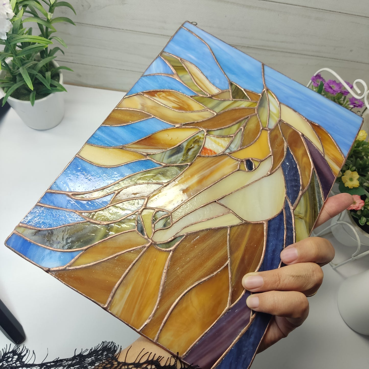 Stained glass horse, horse head, Stained glass panel, Window hangings, horse decor, wall art, suncatcher horse, horse statue