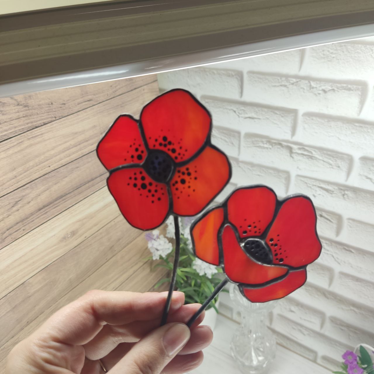 Bouquet In Vase, stained glass poppies, stained glass flower, Set of poppies