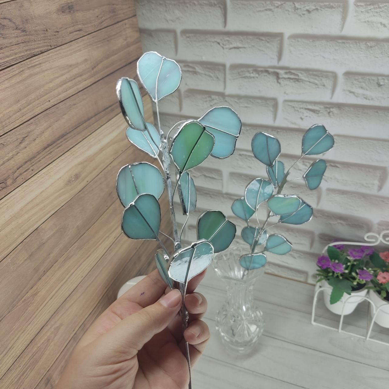 Stained glass eucalyptus branch, eucalyptus plant stake