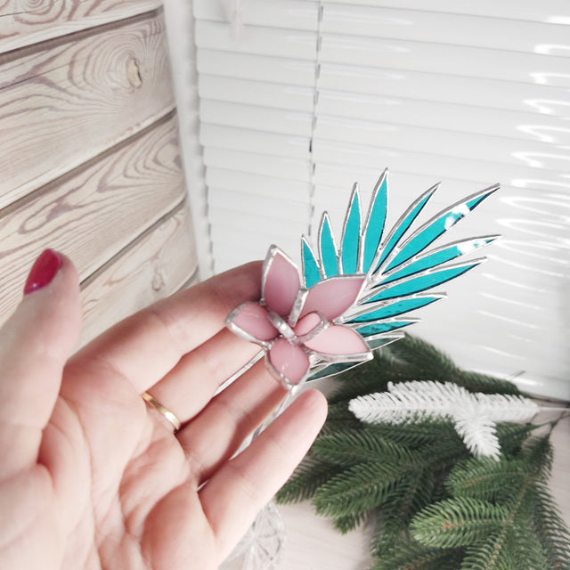 Stained glass palm branch, stained glass lotus on a stem