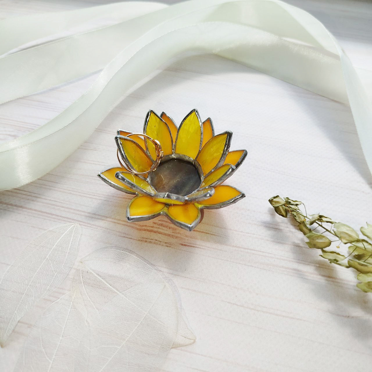 floral wedding ring dish, Sunflower Wedding, stained glass box wedding ring holder, glass jewelry dish, spring wedding decor