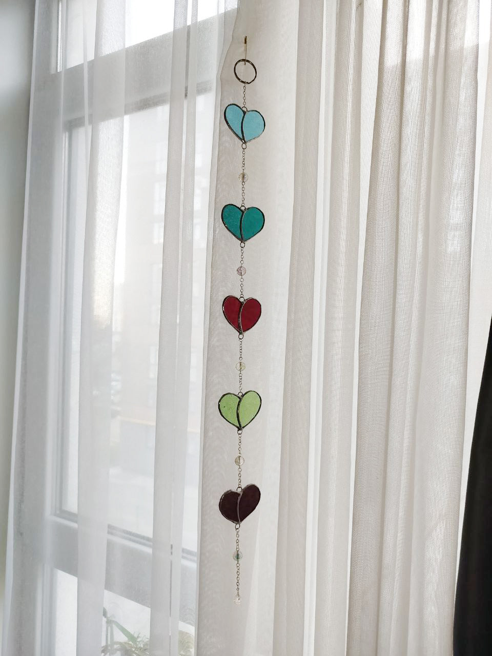 Stained glass heart, Dream Sun Catcher colored hearts with crystal beads, Hanging Window Suncatcher, Romantic Home Deco, Unique Gift for Her