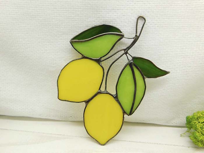 Stained glass lemon, handmade Yellow Lemons on Branch window hanging Suncatcher Fruit Art Glass