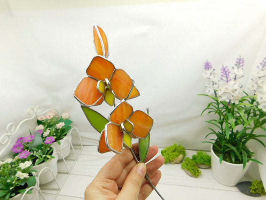 Stained glass Orange orchid, Flower for a vase or flowerpot, garden suncatcher decor gift for mom