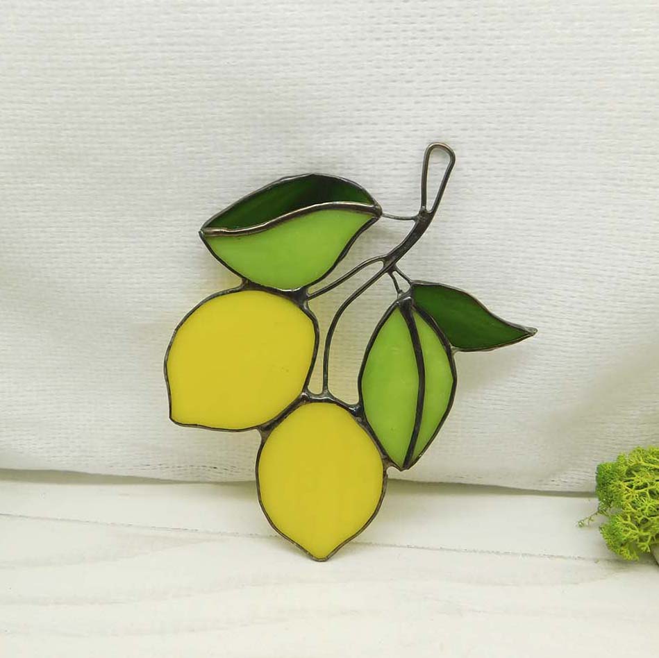 Stained glass lemon, handmade Yellow Lemons on Branch window hanging Suncatcher Fruit Art Glass