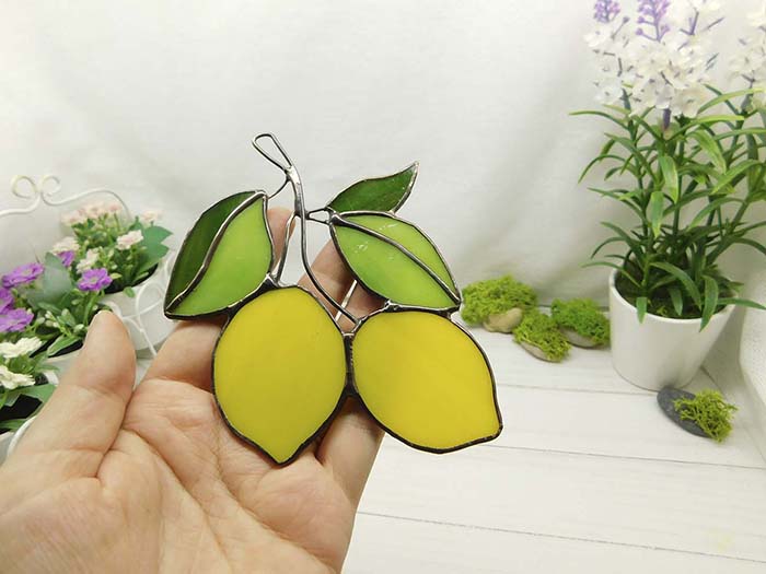 Stained glass lemon, handmade Yellow Lemons on Branch window hanging Suncatcher Fruit Art Glass