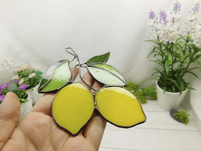 Stained glass lemon, handmade Yellow Lemons on Branch window hanging Suncatcher Fruit Art Glass