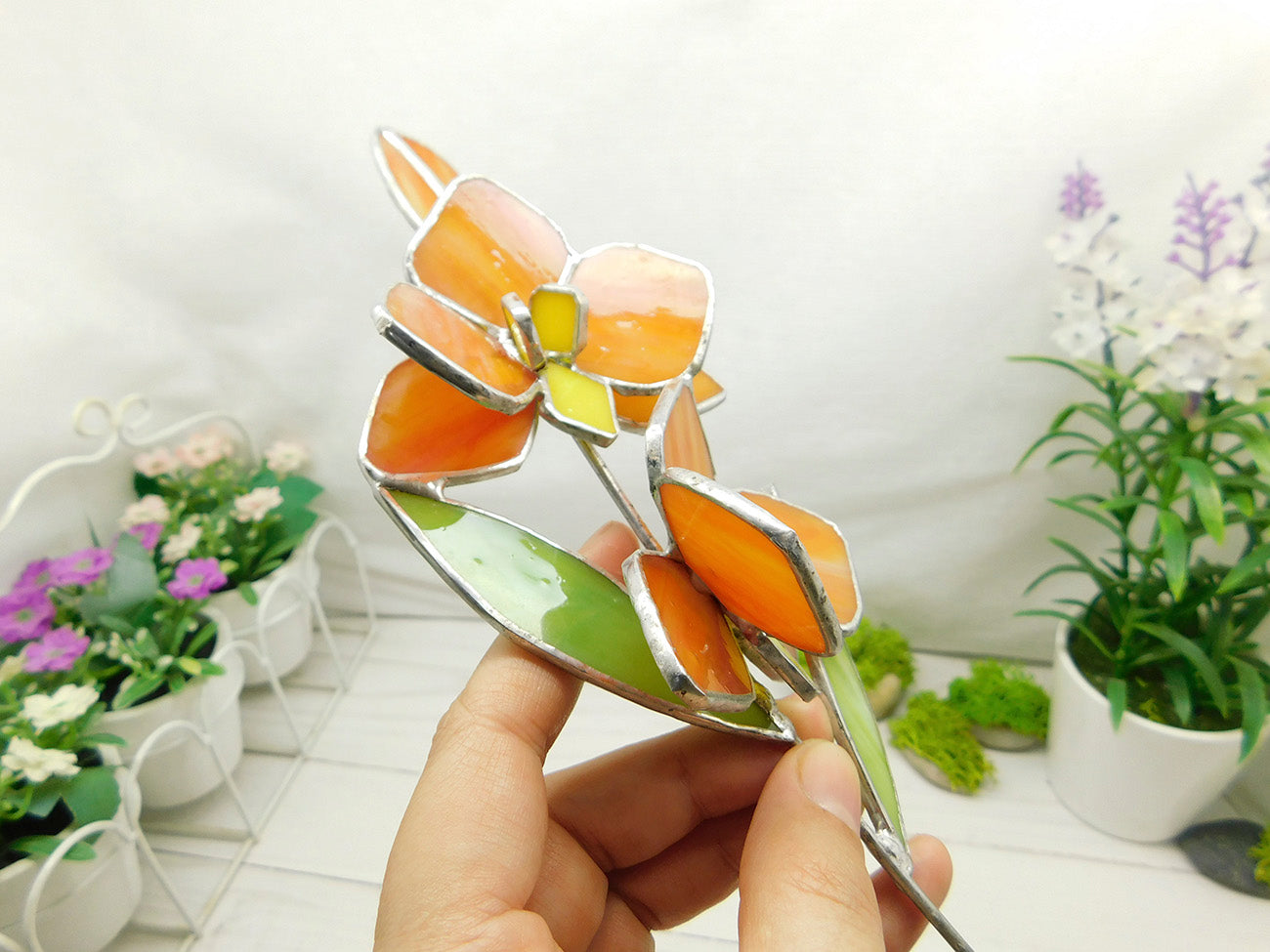 Stained glass Orange orchid, Flower for a vase or flowerpot, garden suncatcher decor gift for mom