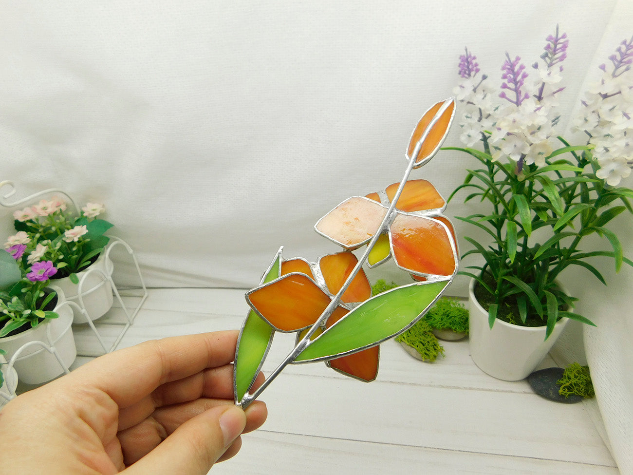 Stained glass Orange orchid, Flower for a vase or flowerpot, garden suncatcher decor gift for mom