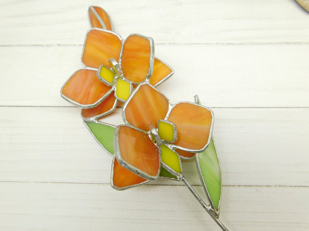 Stained glass Orange orchid, Flower for a vase or flowerpot, garden suncatcher decor gift for mom