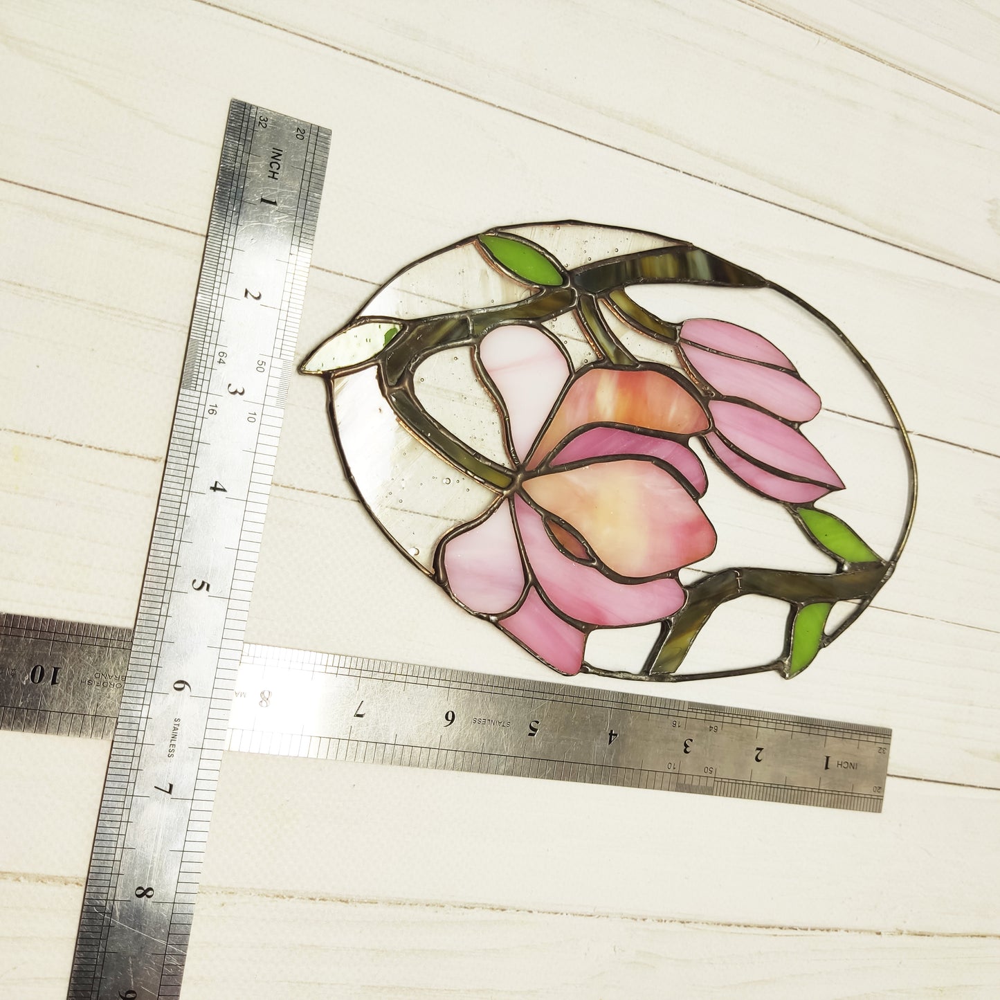 Stained glass magnolia, Pink flower suncatcher, Home decor wedding gift