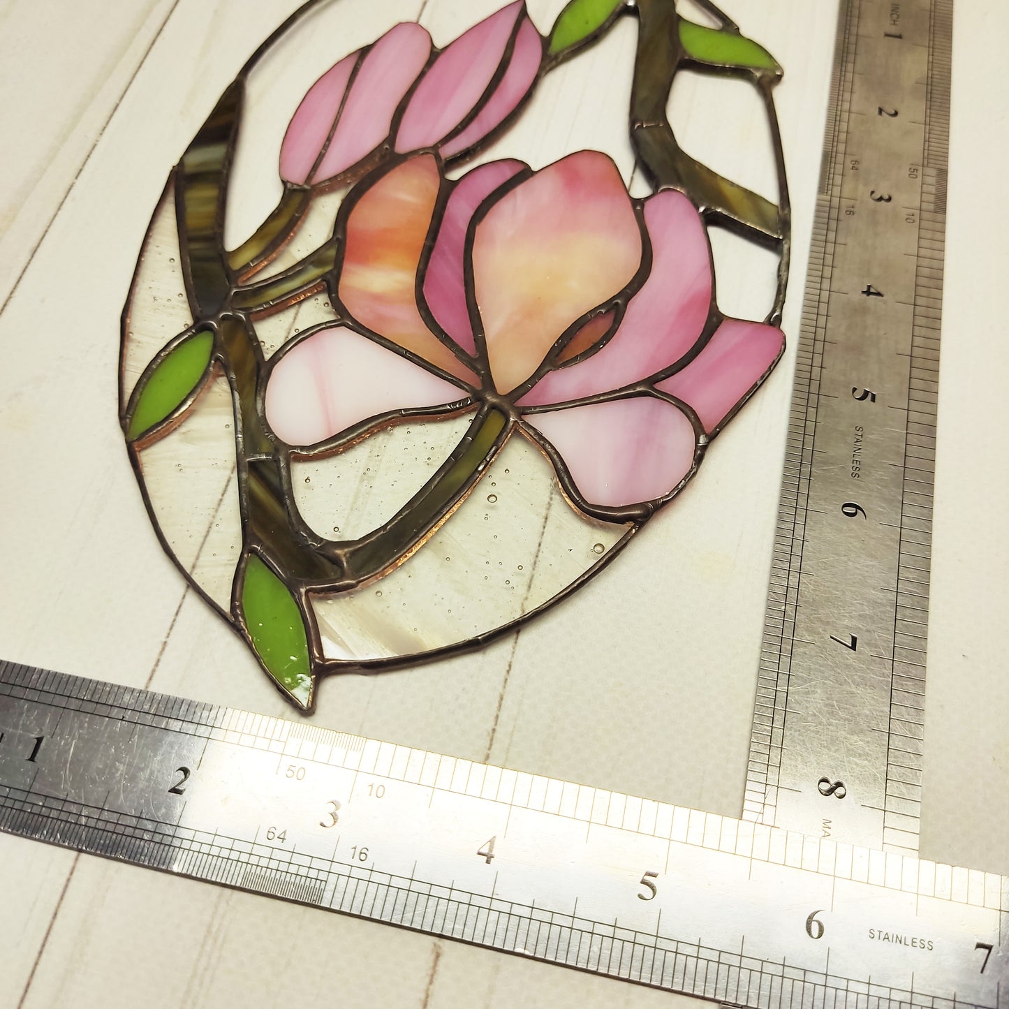 Stained glass magnolia, Pink flower suncatcher, Home decor wedding gift