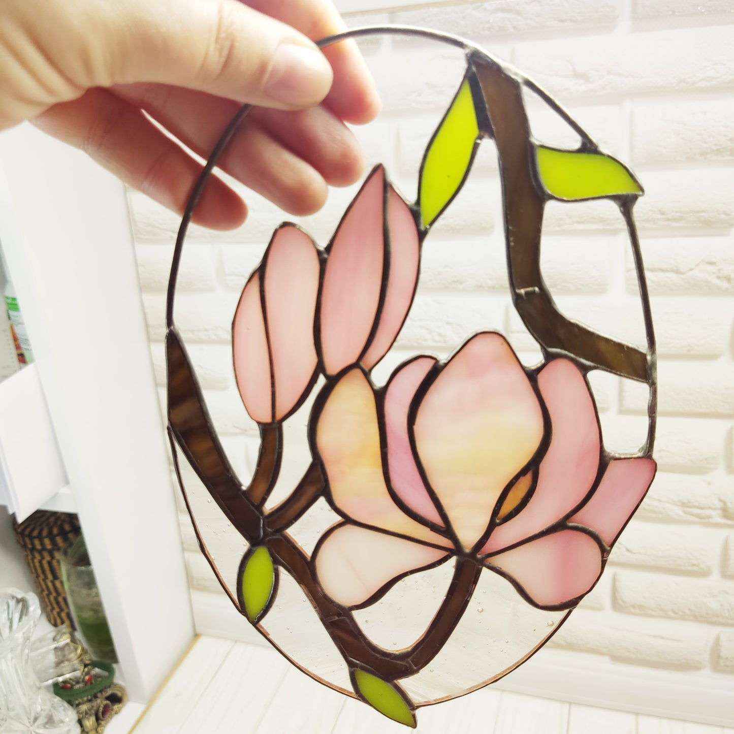 Stained glass magnolia, Pink flower suncatcher, Home decor wedding gift