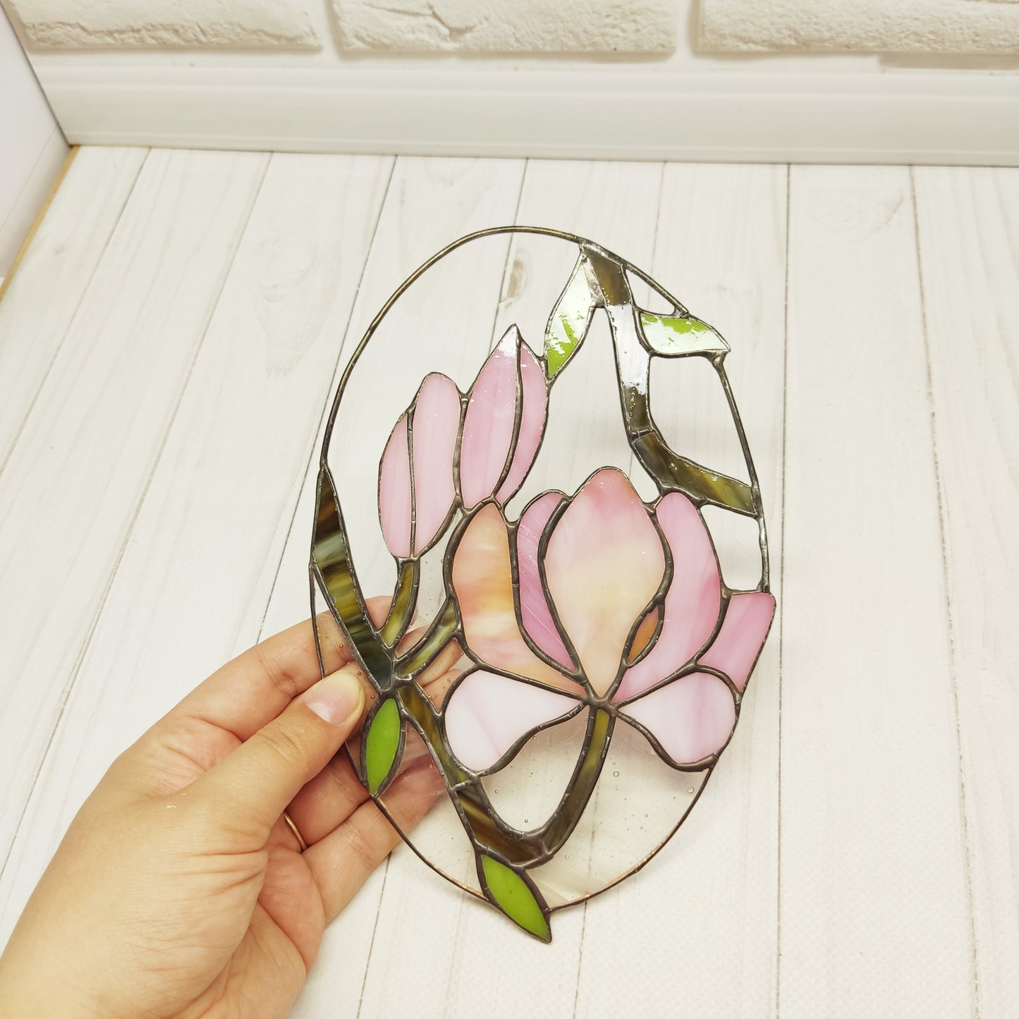 Stained glass magnolia, Pink flower suncatcher, Home decor wedding gift
