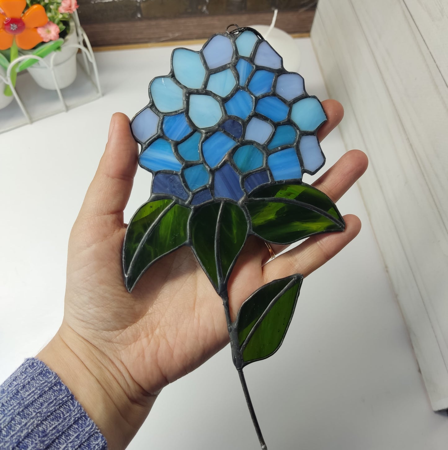 Stained glass blue hydrangea, blue hydrangea, floral tiffany glass, great decoration for window and wall