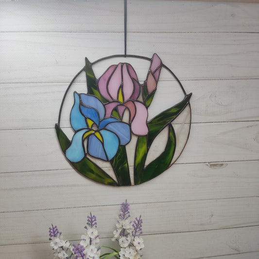 Stained glass iris, wall hangings, stained glass panel, suncatcher iris