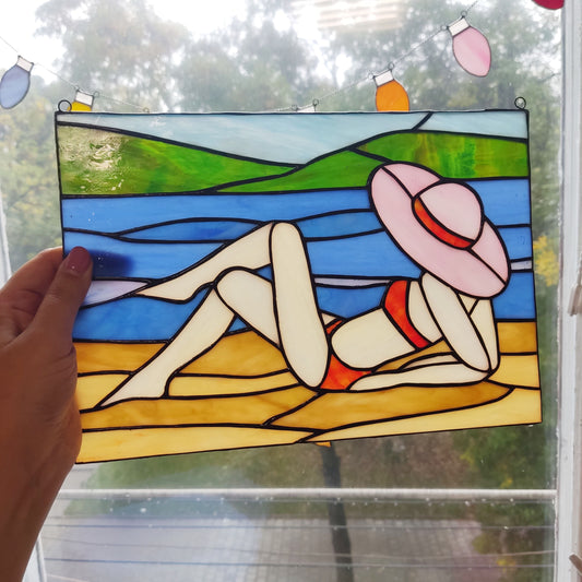 Stained Glass Window – Lady on the Beach Sun Catcher hanging decor