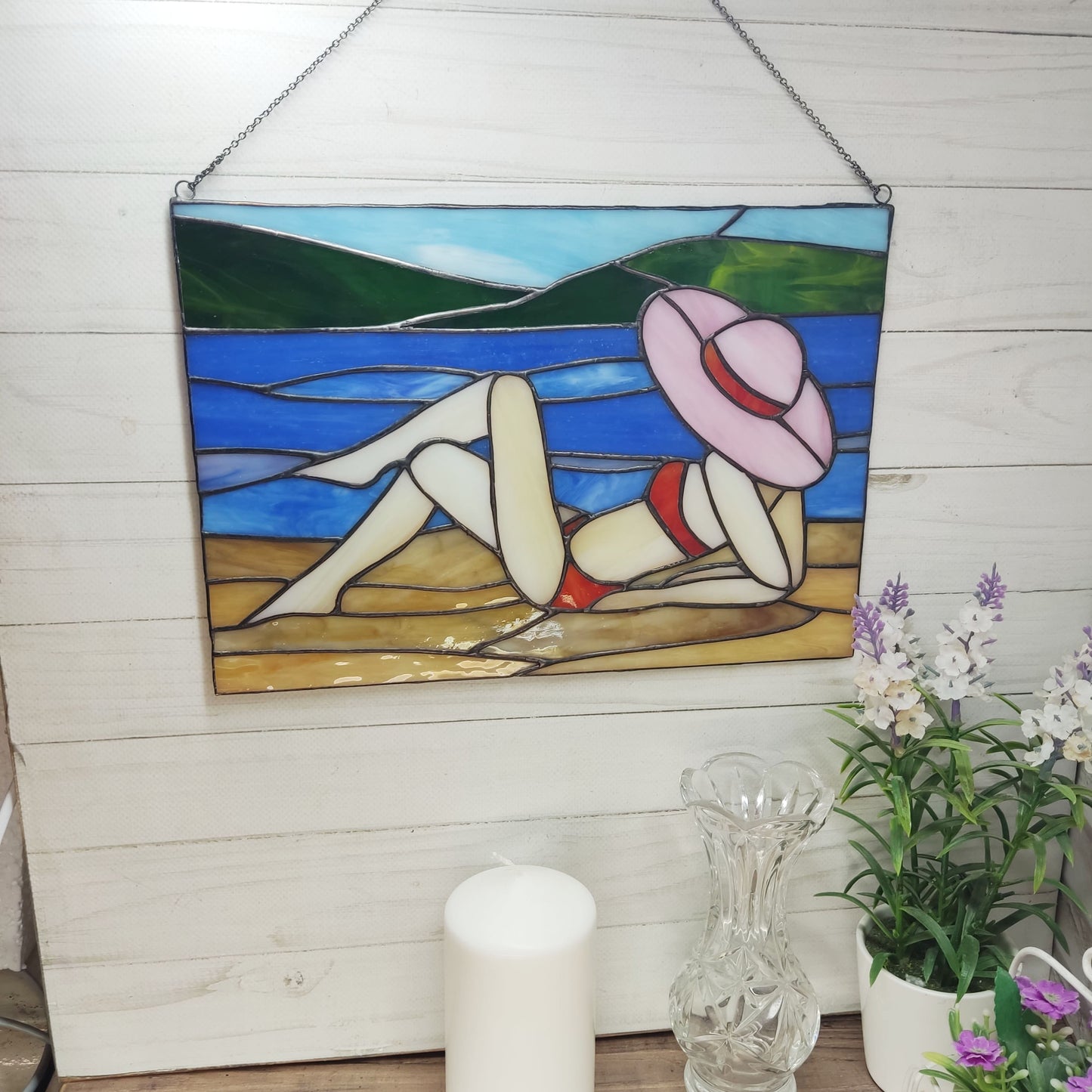 Stained Glass Window – Lady on the Beach Sun Catcher hanging decor