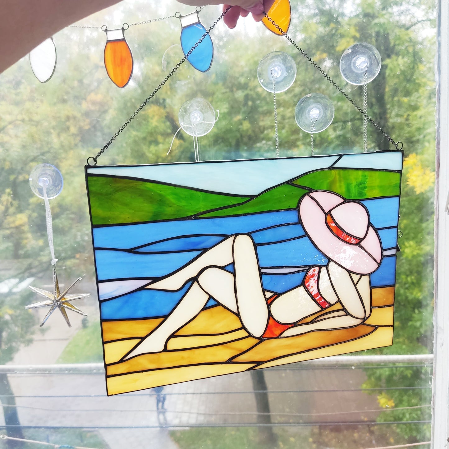 Stained Glass Window – Lady on the Beach Sun Catcher hanging decor