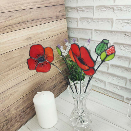 Bouquet In Vase, stained glass poppies, stained glass flower, Set of poppies