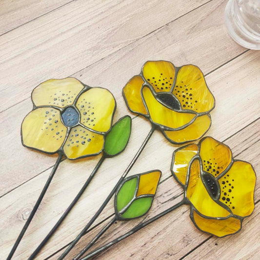 Bouquet In Vase, handmade yellow poppies, stained glass flower poppies, Set of poppies,