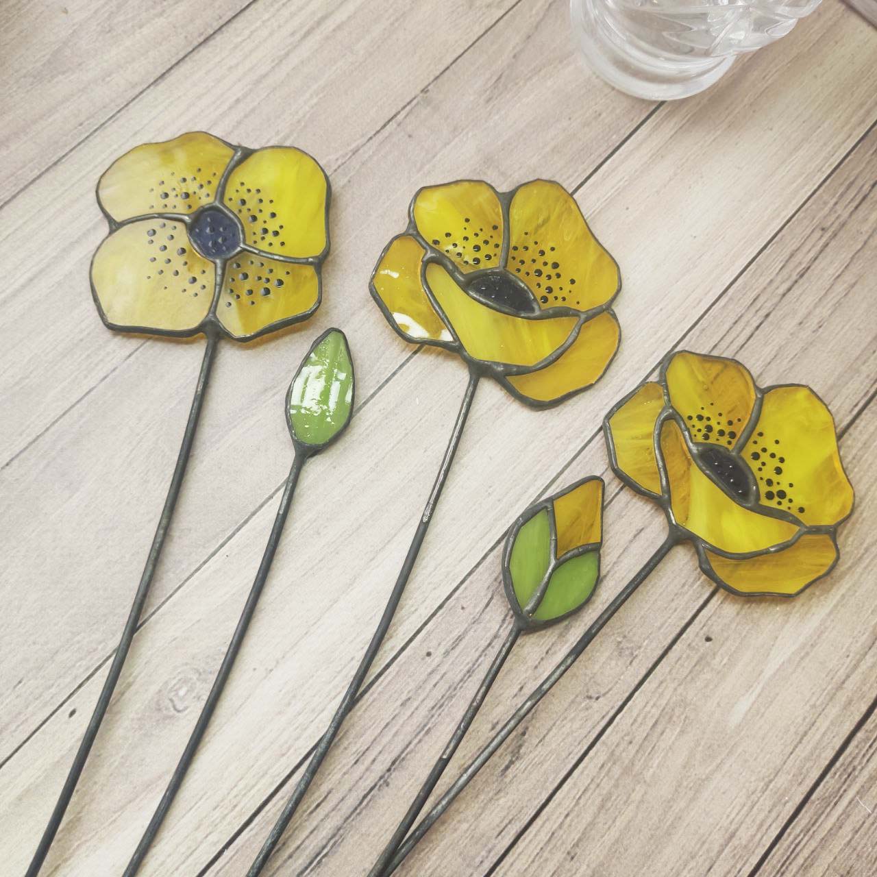 Bouquet In Vase, handmade yellow poppies, stained glass flower poppies, Set of poppies,