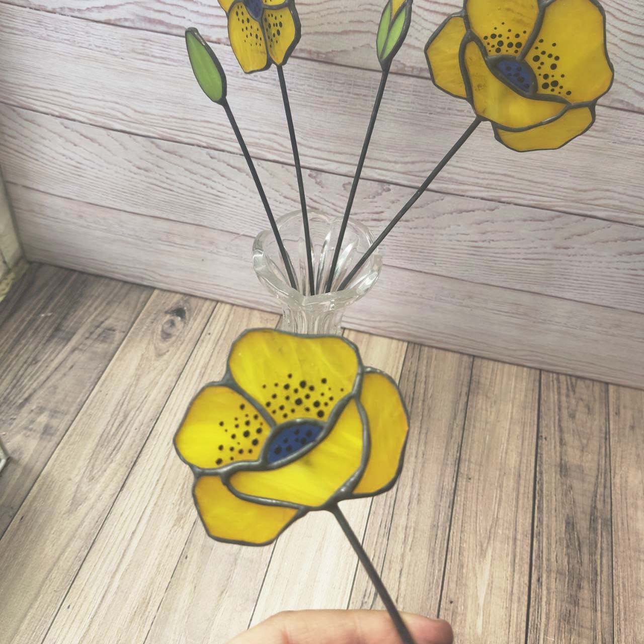 Bouquet In Vase, handmade yellow poppies, stained glass flower poppies, Set of poppies,