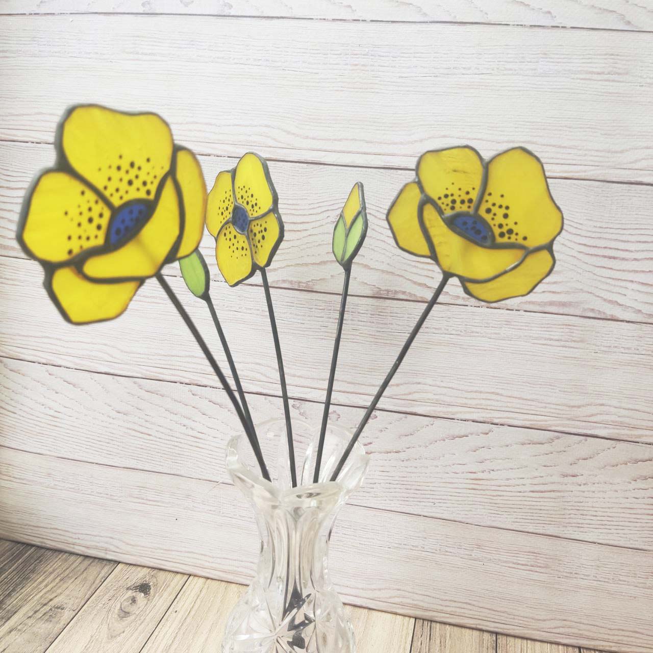 Bouquet In Vase, handmade yellow poppies, stained glass flower poppies, Set of poppies,