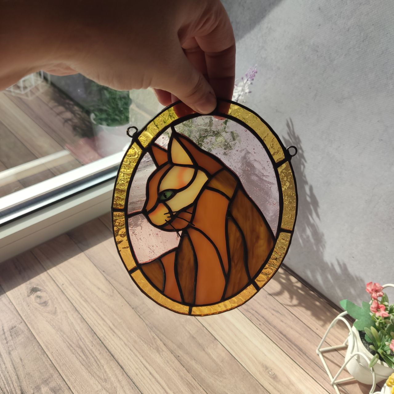 Stained glass cat, suncatcher custom portrait cat picture hanging window decor