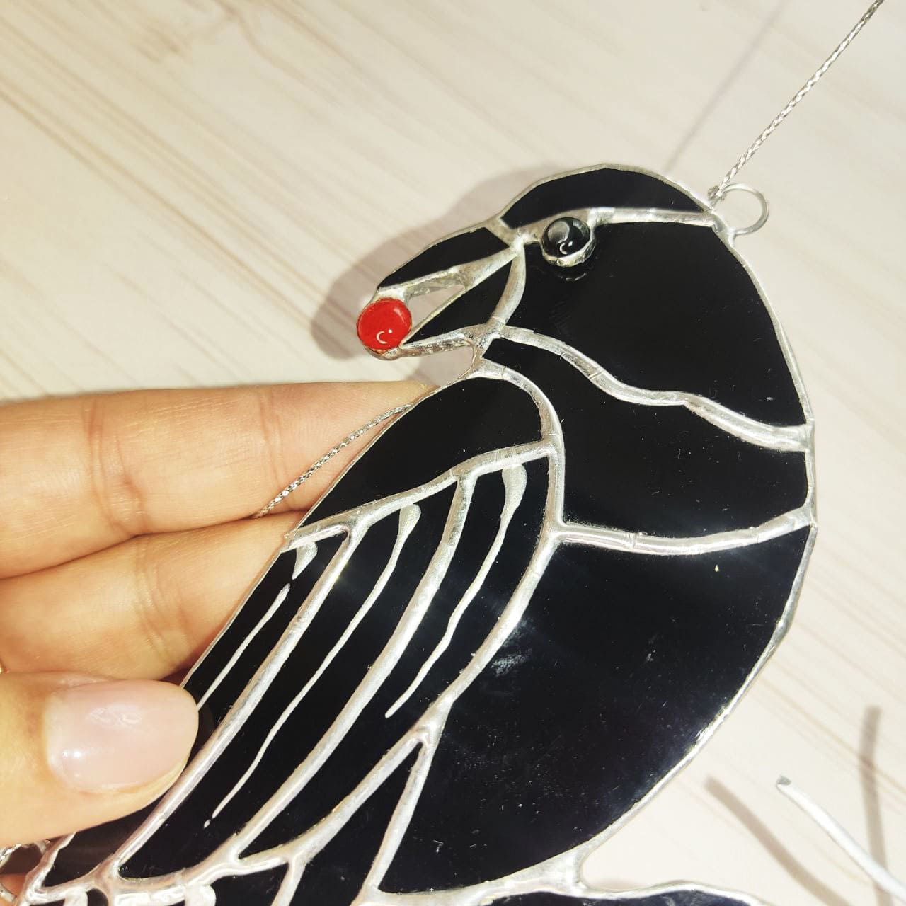 Stained glass Raven crow handmade decor for Halloween glass black bird