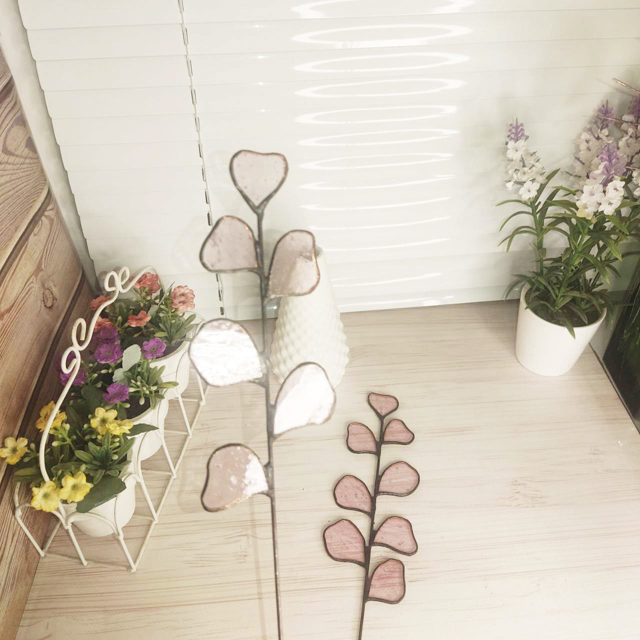 Stained Glass pink Eucalyptus Branch - Beautiful Home handmade Decor 2 pcs