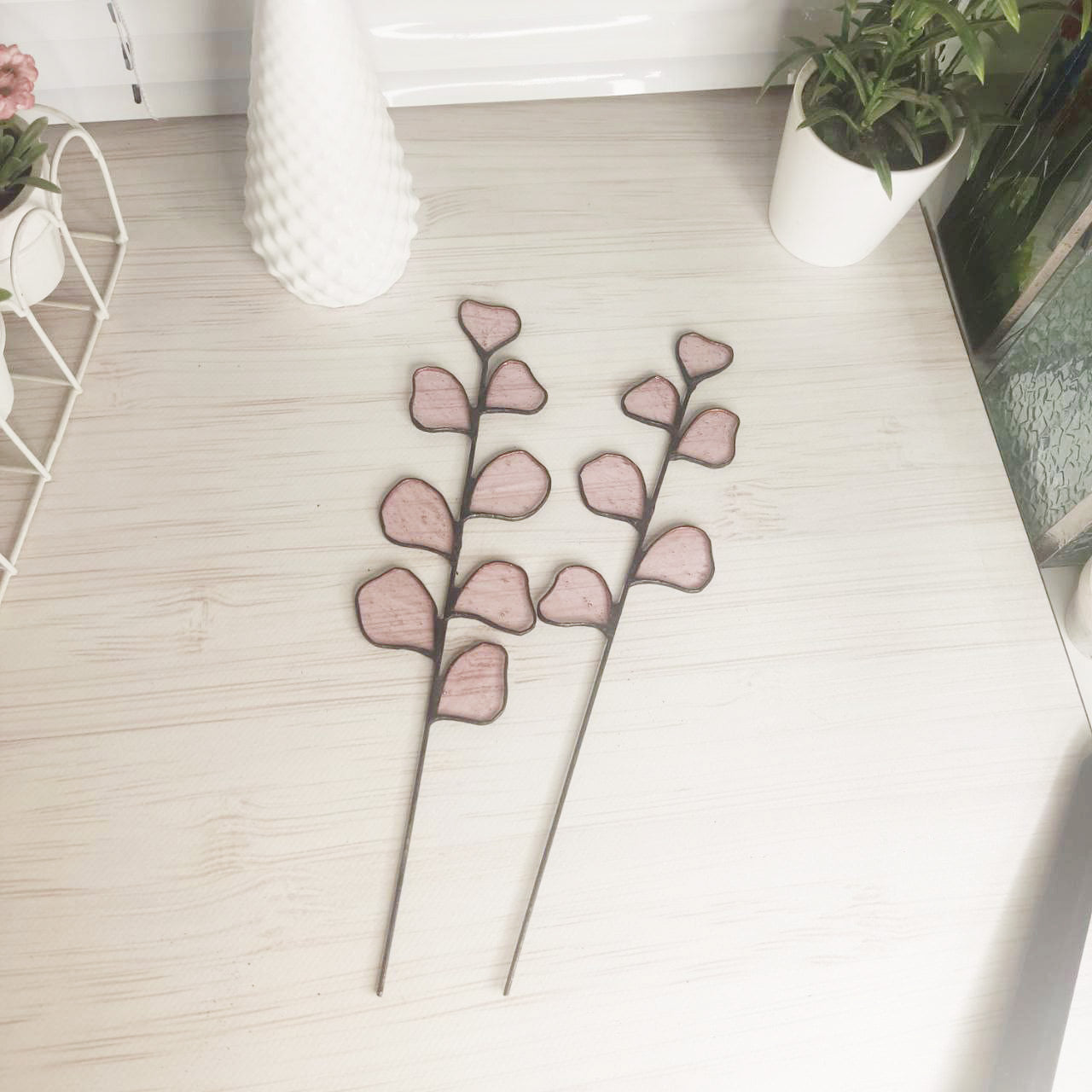 Stained Glass pink Eucalyptus Branch - Beautiful Home handmade Decor 2 pcs