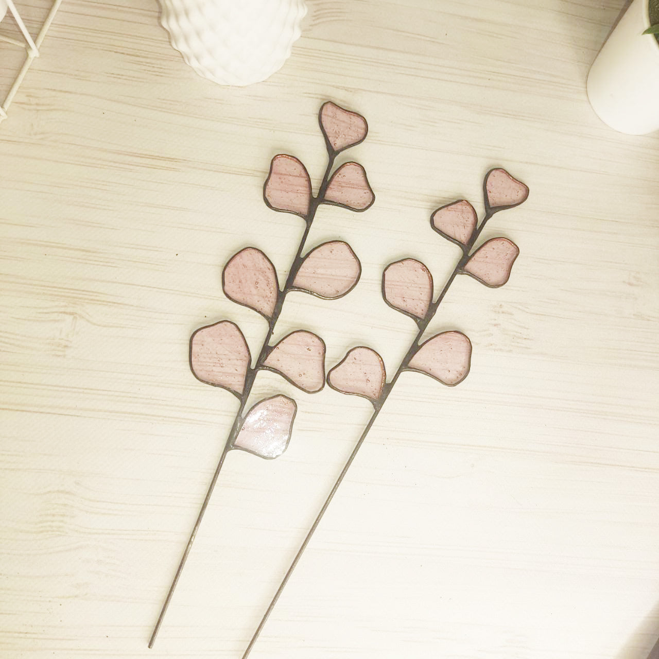 Stained Glass pink Eucalyptus Branch - Beautiful Home handmade Decor 2 pcs