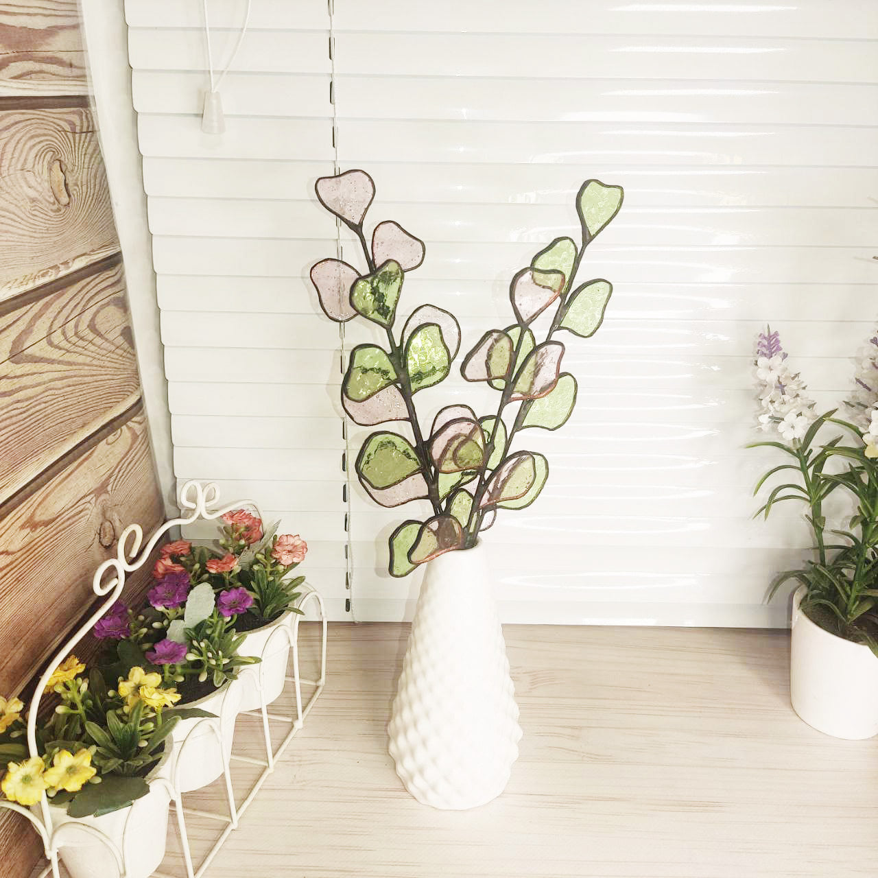 Stained Glass pink Eucalyptus Branch - Beautiful Home handmade Decor 2 pcs