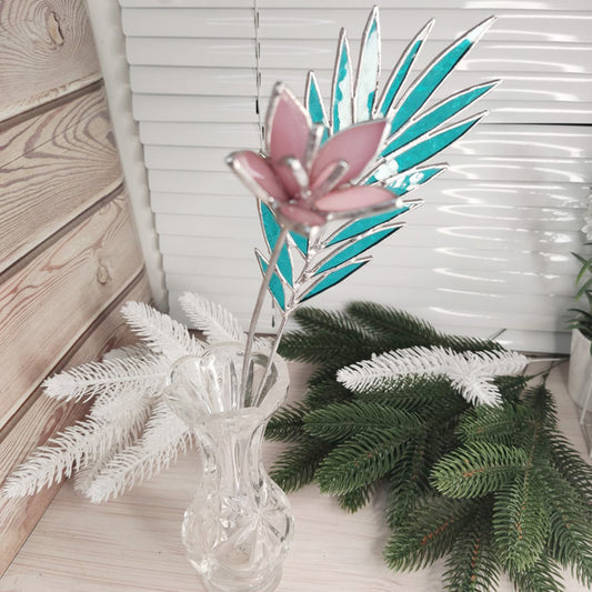 Stained glass palm branch, stained glass lotus on a stem