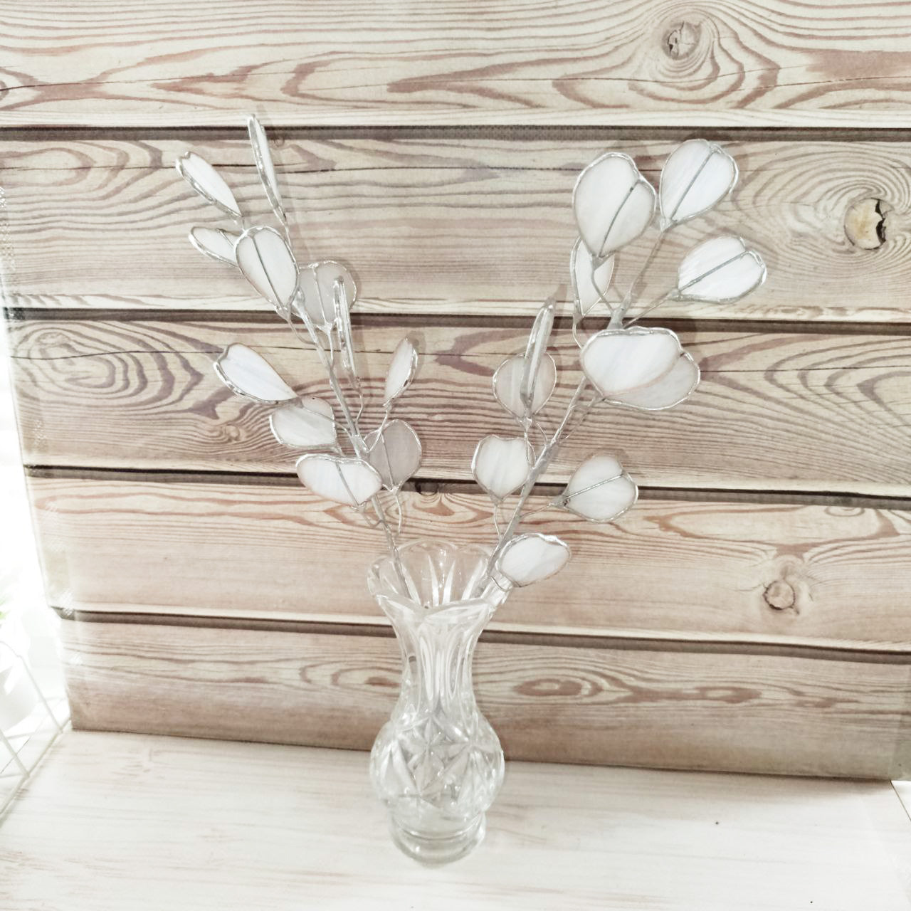 Stained glass eucalyptus branch, white eucalyptus plant, glass eucalyptus, plant stake, stained glass plant, Leaves eucalyptus bouquet