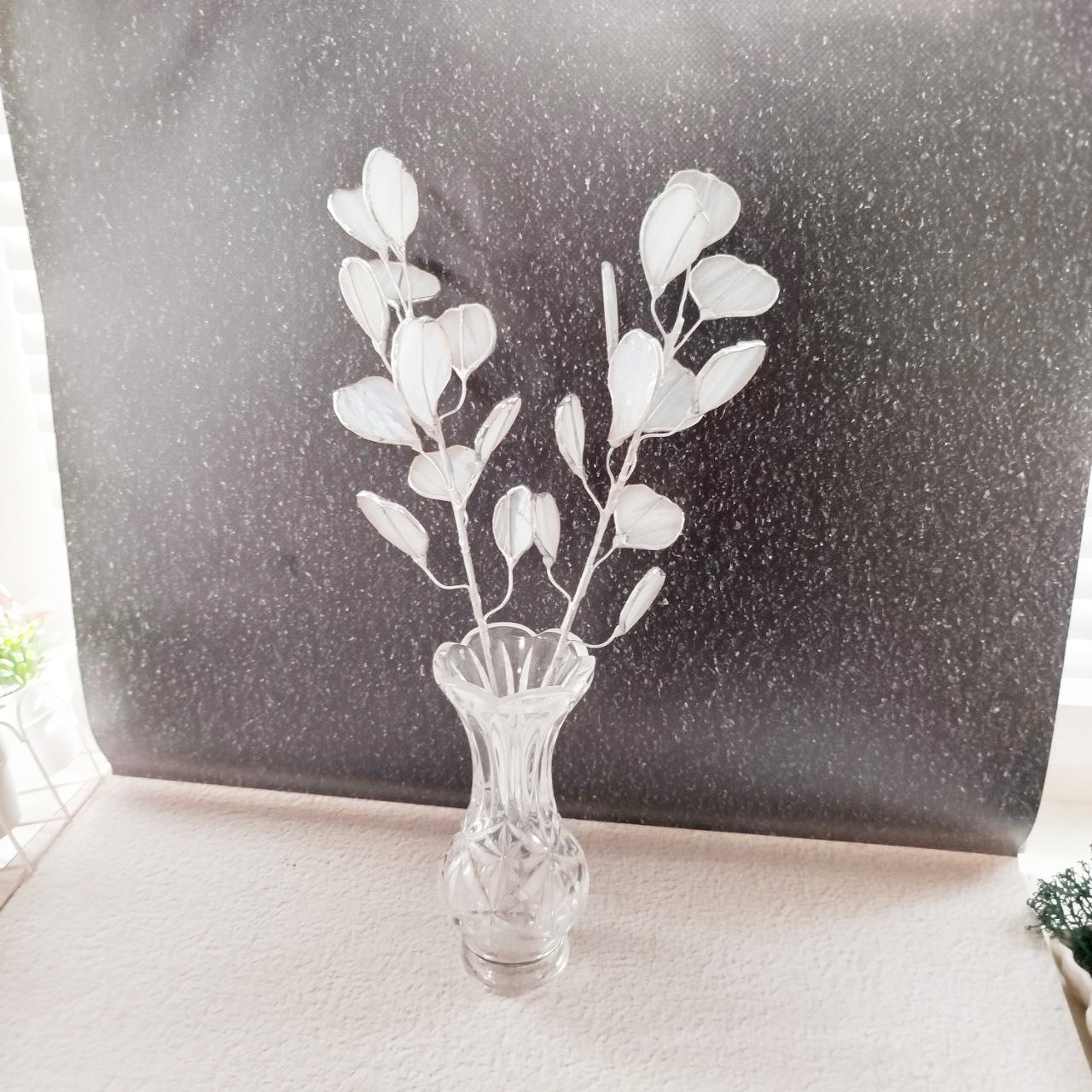 Stained glass eucalyptus branch, white eucalyptus plant, glass eucalyptus, plant stake, stained glass plant, Leaves eucalyptus bouquet