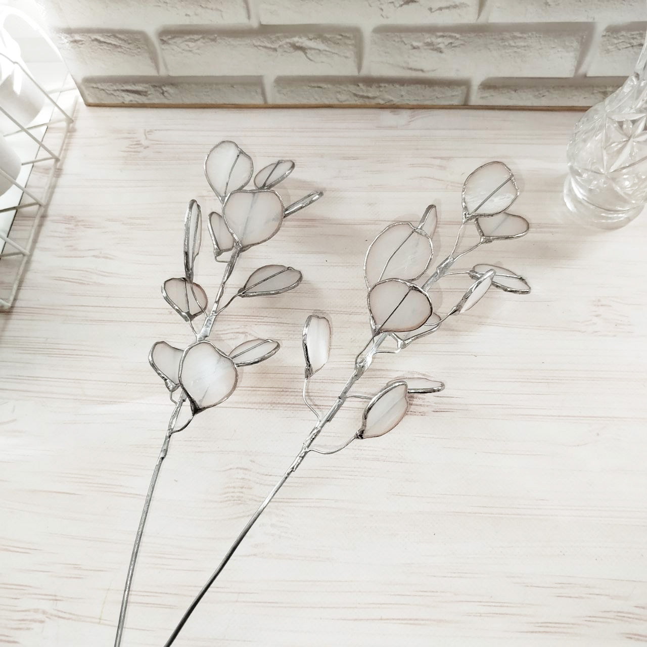 Stained glass eucalyptus branch, white eucalyptus plant, glass eucalyptus, plant stake, stained glass plant, Leaves eucalyptus bouquet