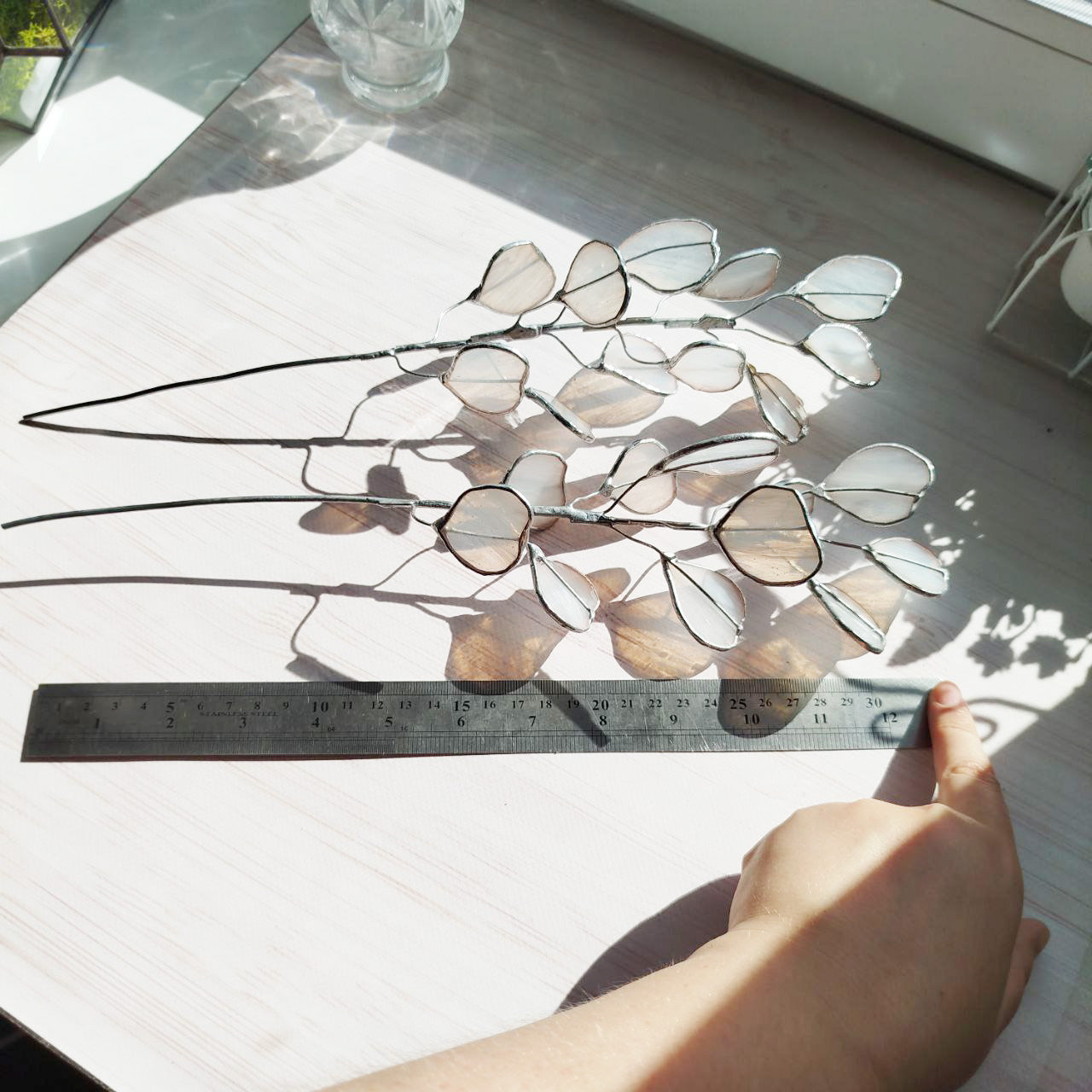 Stained glass eucalyptus branch, white eucalyptus plant, glass eucalyptus, plant stake, stained glass plant, Leaves eucalyptus bouquet