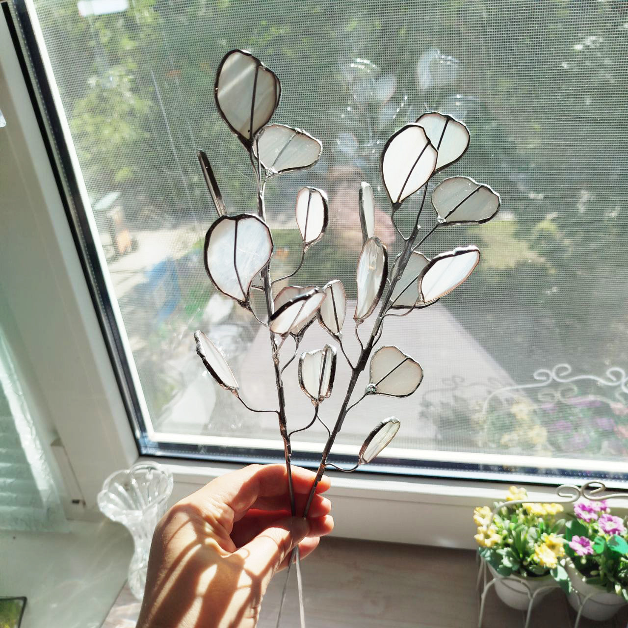 Stained glass eucalyptus branch, white eucalyptus plant, glass eucalyptus, plant stake, stained glass plant, Leaves eucalyptus bouquet
