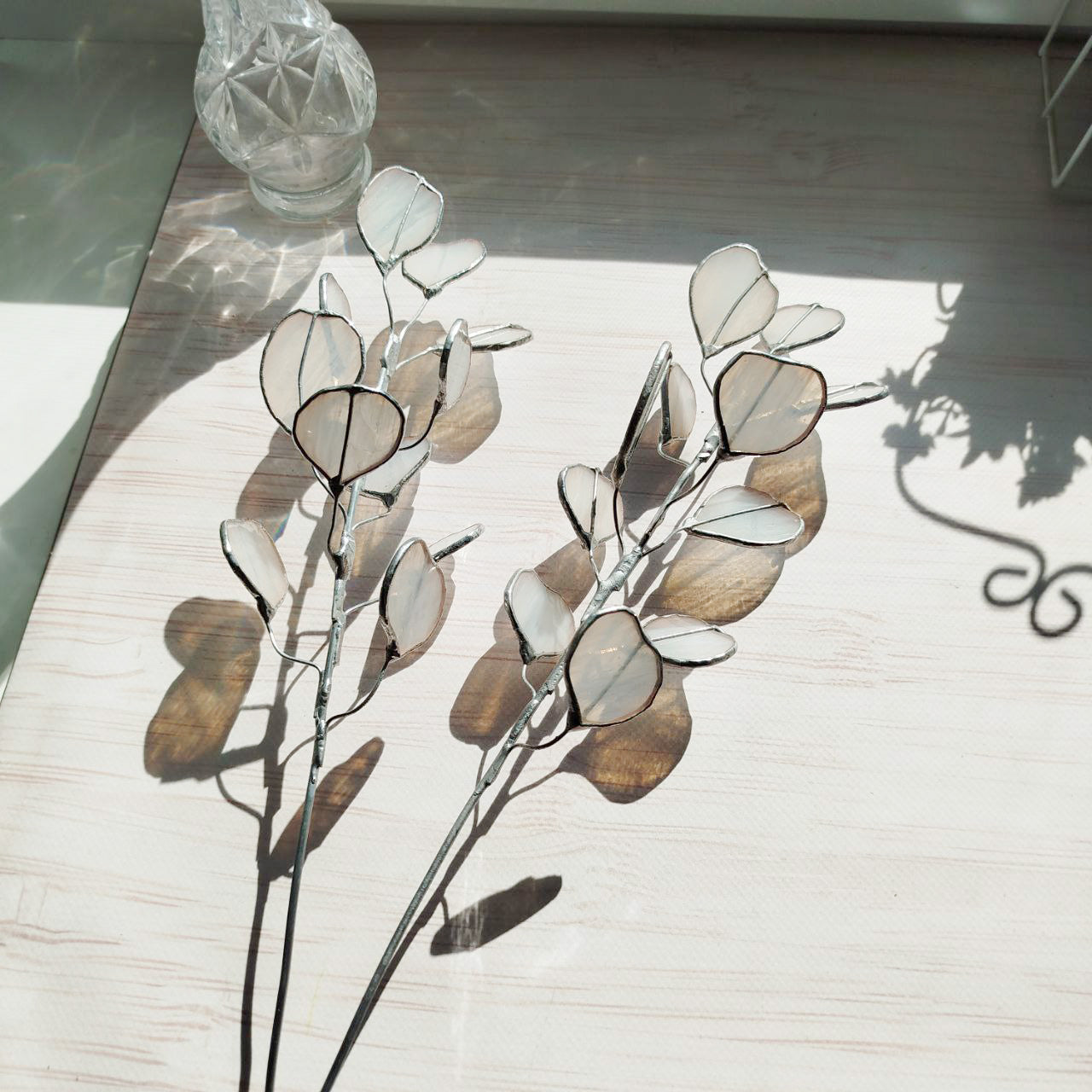 Stained glass eucalyptus branch, white eucalyptus plant, glass eucalyptus, plant stake, stained glass plant, Leaves eucalyptus bouquet