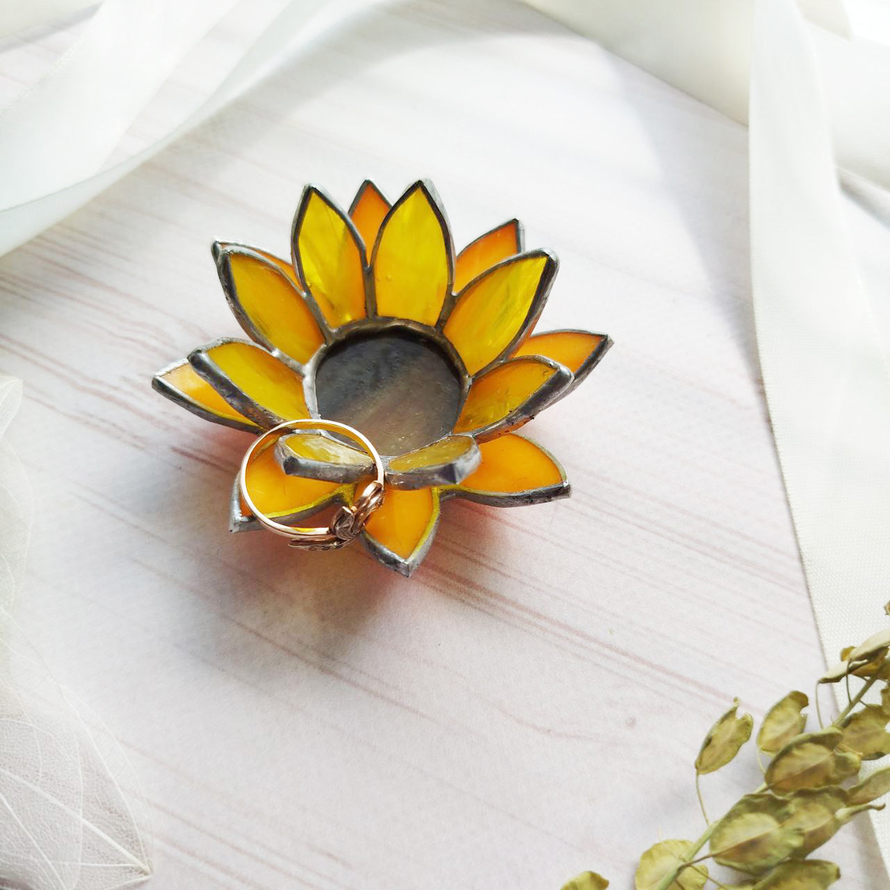 floral wedding ring dish, Sunflower Wedding, stained glass box wedding ring holder, glass jewelry dish, spring wedding decor