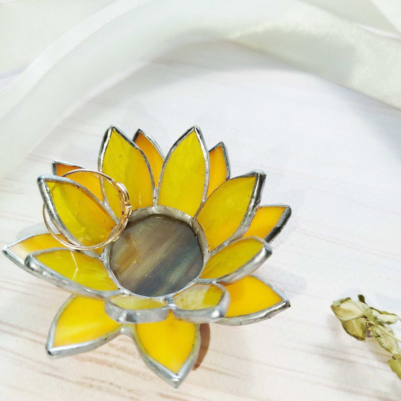 floral wedding ring dish, Sunflower Wedding, stained glass box wedding ring holder, glass jewelry dish, spring wedding decor