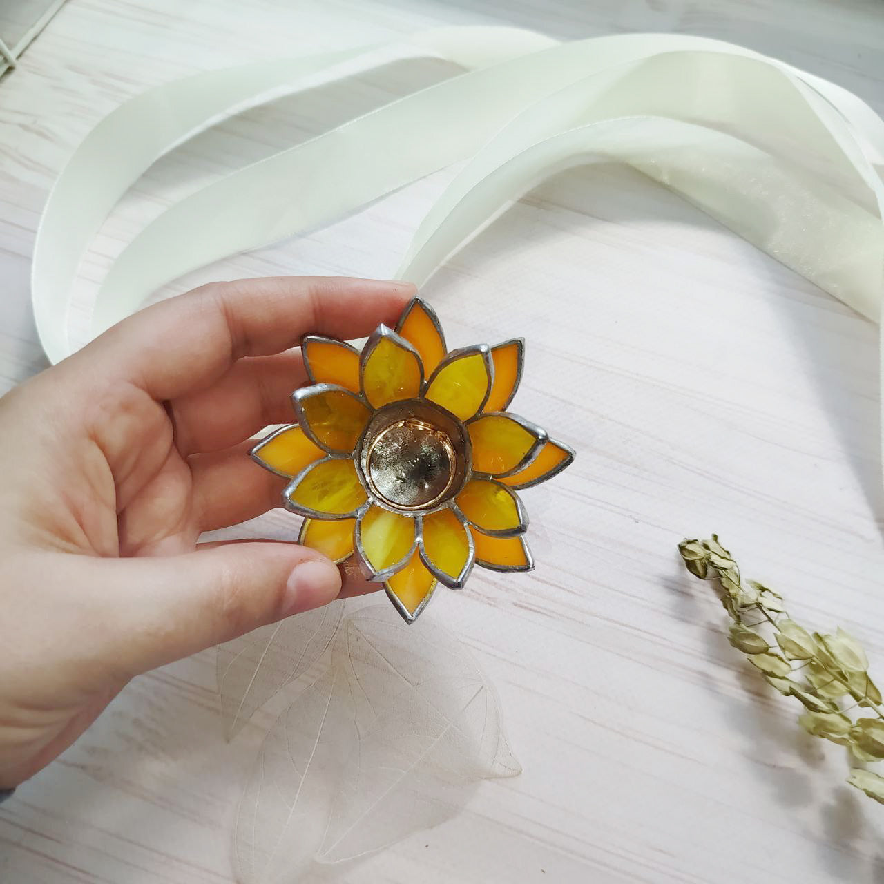 floral wedding ring dish, Sunflower Wedding, stained glass box wedding ring holder, glass jewelry dish, spring wedding decor