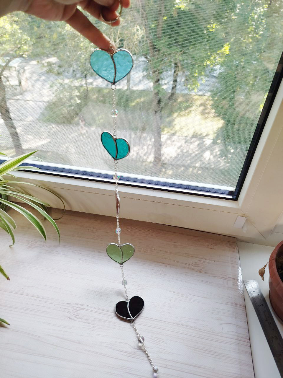 Stained glass heart, Dream Sun Catcher colored hearts with crystal beads, Hanging Window Suncatcher, Romantic Home Deco, Unique Gift for Her