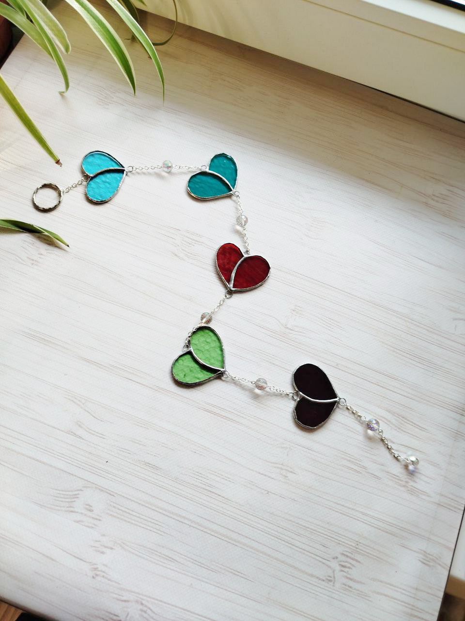 Stained glass heart, Dream Sun Catcher colored hearts with crystal beads, Hanging Window Suncatcher, Romantic Home Deco, Unique Gift for Her