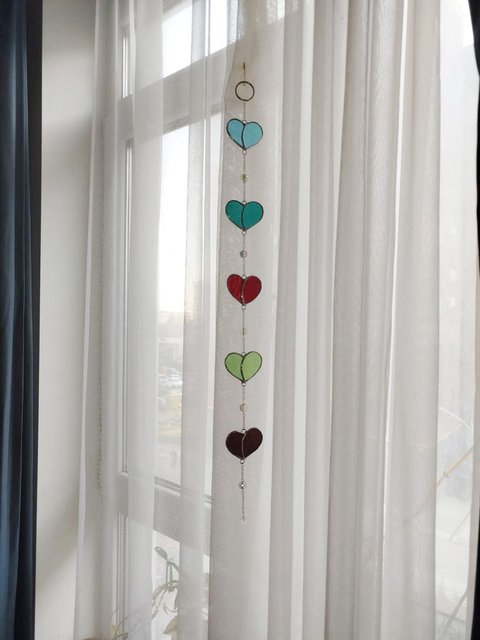 Stained glass heart, Dream Sun Catcher colored hearts with crystal beads, Hanging Window Suncatcher, Romantic Home Deco, Unique Gift for Her