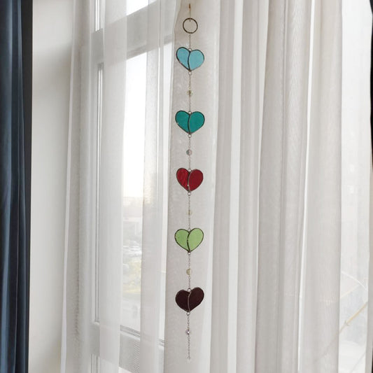 Stained glass heart, Dream Sun Catcher colored hearts with crystal beads, Hanging Window Suncatcher, Romantic Home Deco, Unique Gift for Her