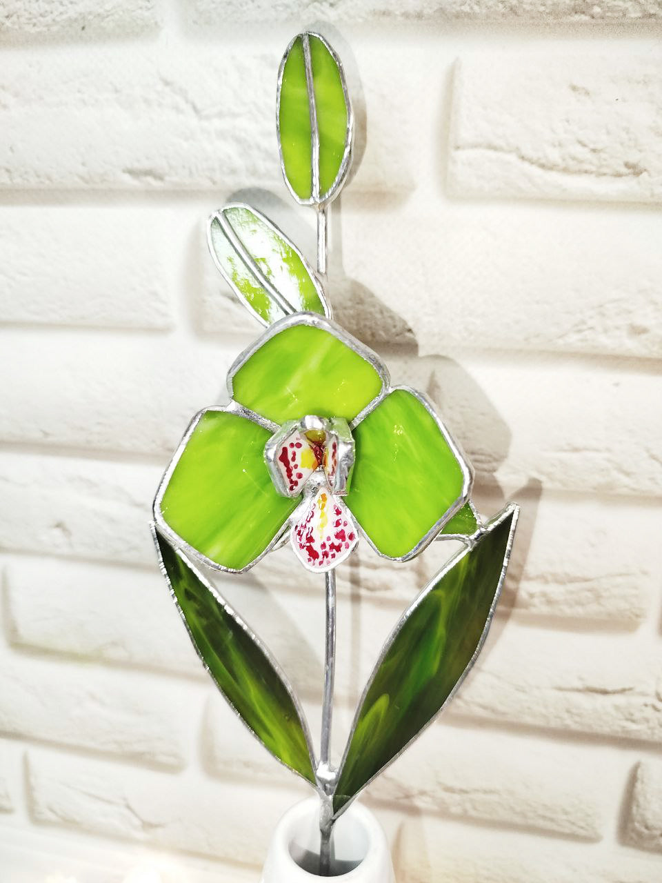 Stained glass orchid, cymbidium green flower 3d for a vase, garden decor, gift for mom